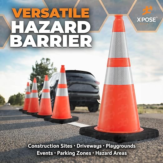 Xpose Safety 28 Inch Orange Traffic Cones Heavy Duty 10lb with 6" & 4" Collars, 6 Pack - Multipurpose PVC Plastic Safety Cone for Parking, Soccer, Caution, Kids and Construction - DOT Approved