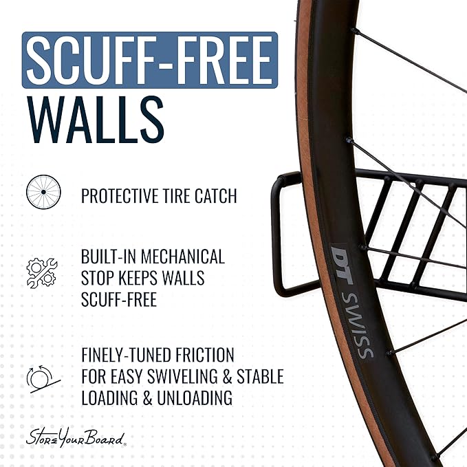 StoreYourBoard SwivelStow Mountain Bike Storage Rack 4 Pack – Heavy Duty Bike Hanger, No-Lift Bike Wall Mount for Garage Bike Storage, MTB and E-Bike, Holds 70 lbs, Patent-Pending