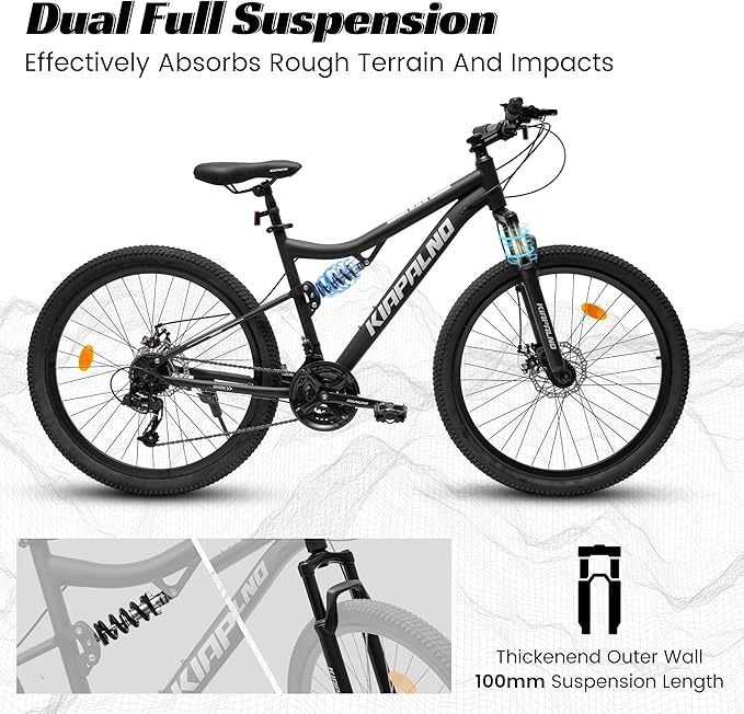26 Inch Mountain Bike Dual Suspension for Mens Boys, 21 Speeds Steel Women Girls Mountain Bike Summer Travel Trip, Disc Brakes Adult Teens Sport Men Women Bicycle for Trail Commuter City Road