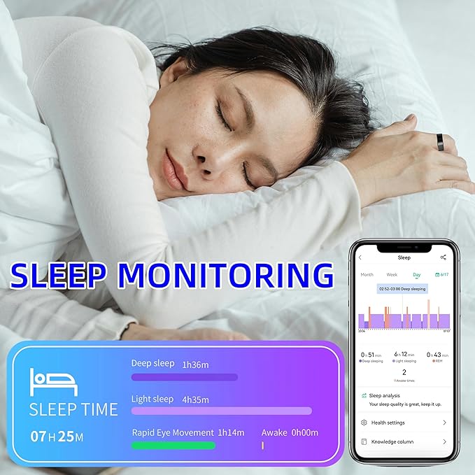 Smart Ring for Women Men, Health Fitness Tracker Rings, IP68 Waterproof, Long Lasting Batteries Sleep Ring with Charging Case and Protector, Remote Photography, No App Fees (Black, 10#)