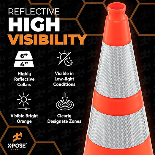 Xpose Safety 28 Inch Orange Traffic Cones Heavy Duty 10lb with 6" & 4" Collars, 6 Pack - Multipurpose PVC Plastic Safety Cone for Parking, Soccer, Caution, Kids and Construction - DOT Approved