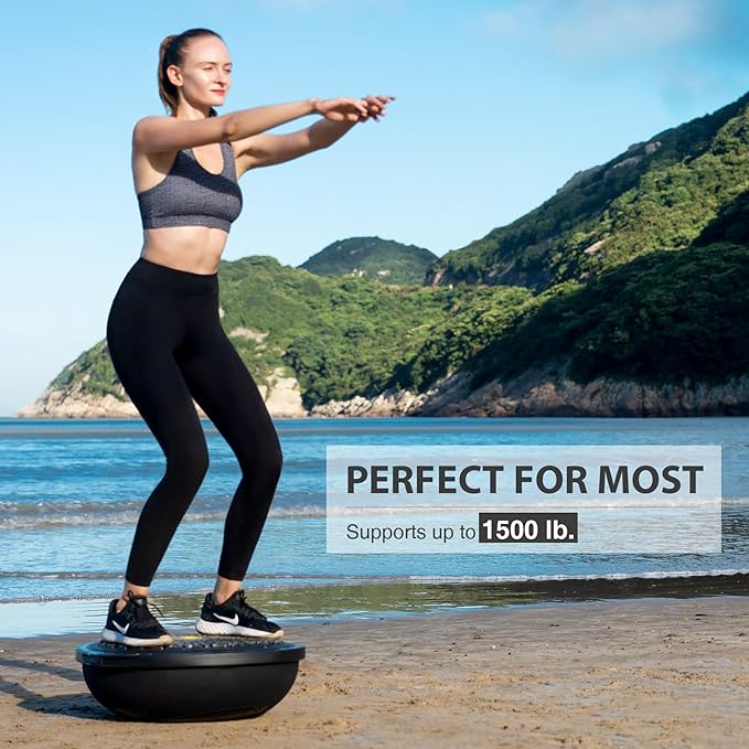 ZELUS 25in. Balance Ball | 660lb Inflatable Half Exercise Ball Wobble Board Balance Trainer w Nonslip Base | Half Yoga Ball Strength Training Equipment w 2 Bands, Pump, Extra Ball Included