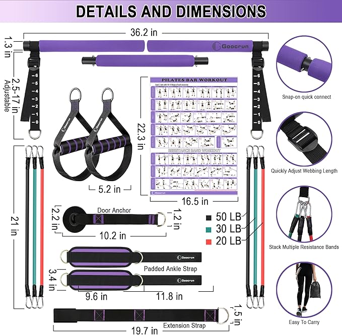 Portable Pilates Bar Kit with Resistance Bands for Men and Women - 3 Set Exercise Resistance Bands - Multifunctional Home Gym - Supports Full-Body Workouts – with Fitness Poster and Video