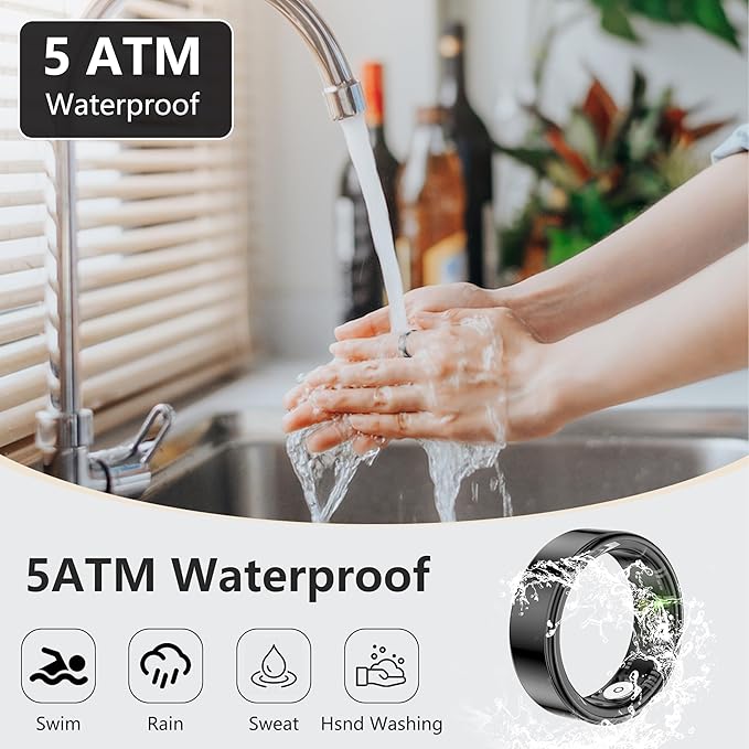 Thin Smart Ring for Fitness & Health Tracking -Pedometer,Sleep/Heart Rate/Blood Oxygen Monitor, Gesture Control / 5ATM Waterproof -No APP Subscription Compatible with Android& iOS (Black, 12)