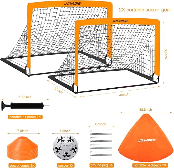 Kids Soccer Goals for Backyard Set, Portable Toddler Soccer Goal 2 of 4x3 ft, 6x4 ft, 7x5 ft, Soccer Training Equipment, Pop Up Soccer Net Kit with Size 4 Soccer Ball, Youth Games, Outdoor Sports Play