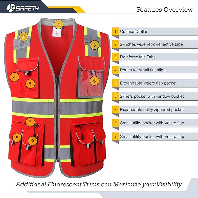 JKSafety 10 Pockets Hi-Vis Zipper Front Fluorescent Red Safety Vest | Cushioned Collar | High Reflective Tapes with Extended Neon Yellow Strips | Meets ANSI/ISEA Standards (XX-Large, 89-Red)
