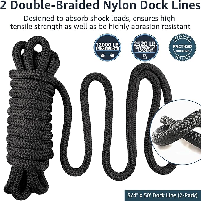 Boat Dock Lines 3/4" x 50ft - Double Braided Nylon Boat Ropes for Docking with 18" Loop, Marine-Grade High Strength Boat Lines Dock Rope, Premium Marine Rope Mooring Lines, Heavy Duty - 2 Pack, Black