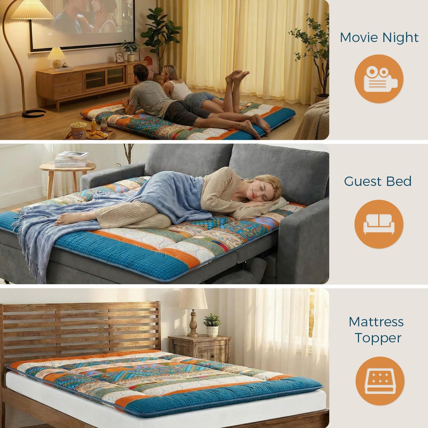 XICIKIN 2.5" Japanese Floor Mattress, Foldable Floor Mattress with Washable Cover Japanese Futon for Camping, Guest (Bohemian, Twin)