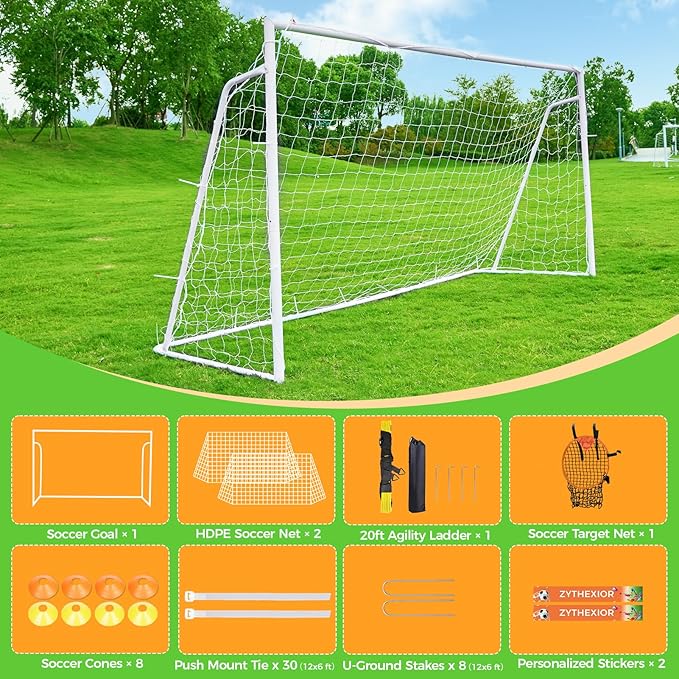 Soccer Goal 12x6,10x6.5, 8x6, 6x4FT Soccer Goals for Backyard Metal Soccer Goals for Kids Youth Adults Large Outdoor 2" Steel Soccer Goal Post Frame with Soccer Net Target Net Portable Agility Ladder
