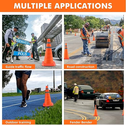 18 Inch 5 Pack Collapsible Traffic Safety Cones, Orange Cones with Reflective Collar, Portable Multipurpose Traffic Cones for Parking Construction Driving Training Sports Practice