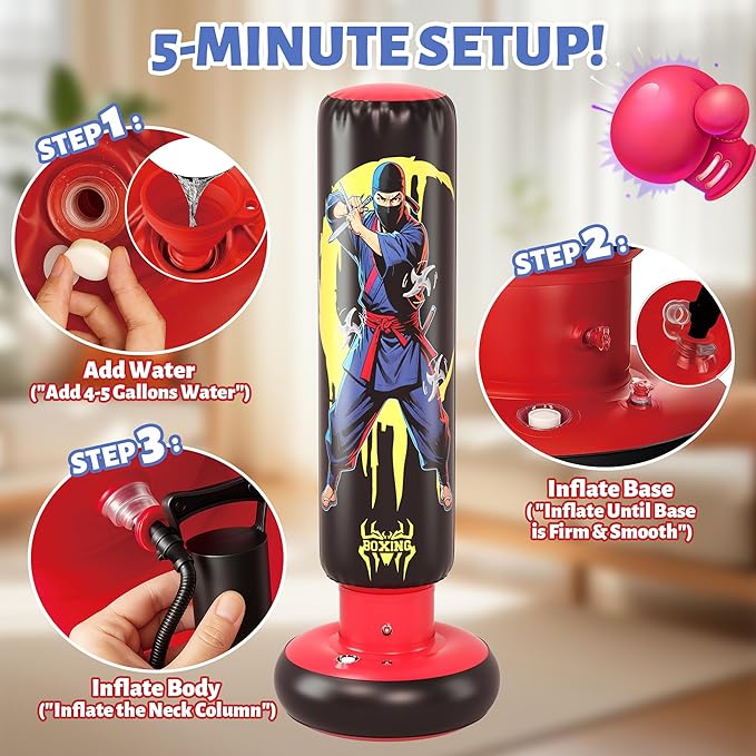 66-Inch Inflatable Kids Punching Bag, Ninja & Hero Double-Sided Boxing Bag for Boys & Girls Ages 3-12, Durable Bounce-Back Karate Training Toy with Gloves, Birthday for Kids Active Play