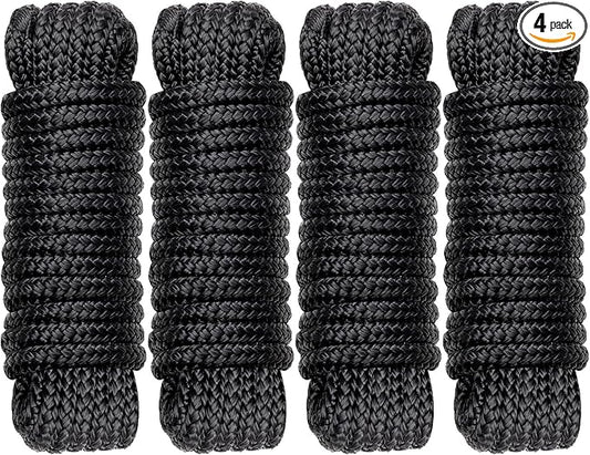 Boat Dock Lines Marine Rope - 3/8" x 20ft with Pre-Spliced 12" Loop Double Braided Nylon Ropes Bumper Tie Mooring Line for Boats Docking Pontoon Boating Accessories - 4 Pack