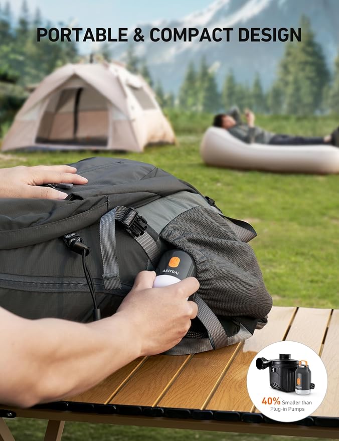 AstroAI Mini Air Pump for Inflatables with 3000mAh Battery Air Mattress Pump with Camping Lantern Electric Air Pump with 5 Nozzles Inflate & Deflate Air Mattress, Vacuum Storage Bags
