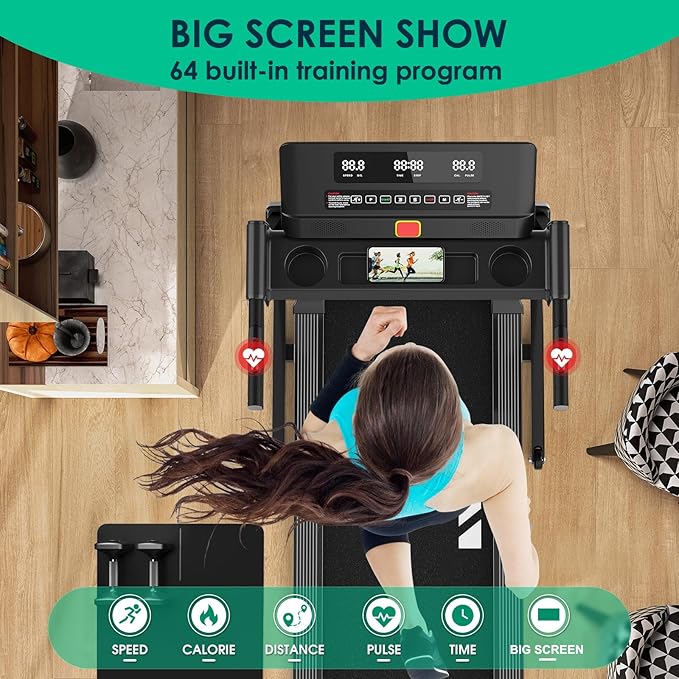 Impremey Folding Treadmill with Incline, Electric Treadmill with 42” x 16” Large Running Belt, Heart Rate Monitor, Easy Assembly, 64 Preset Programs, 7.5 Mph Speed, 2.5HP, Compact Design for Home