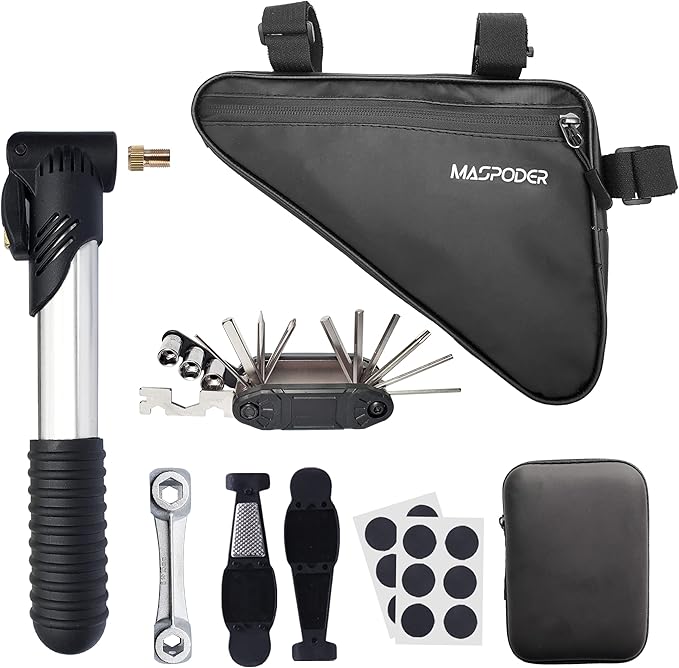 Bike Tool Kit, Repair Kit with Frame Bag, Mini Pump, Multitool, Tire Lever Patches Bicycle Accessories Set for Adult Bikes Road Mountain MTB
