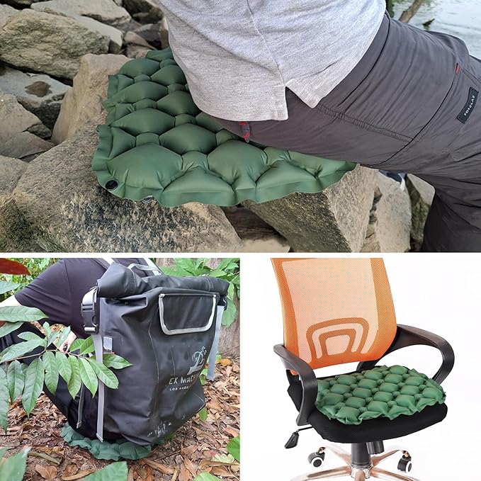 TRIWONDER Ultralight Inflatable Seat Cushion Seat Pad with Air Pump, Easy to Inflate & Deflate Compact Air Pad with Storage Bag for Camping Fishing Office Airplane Stadium Car (Green with Pump)
