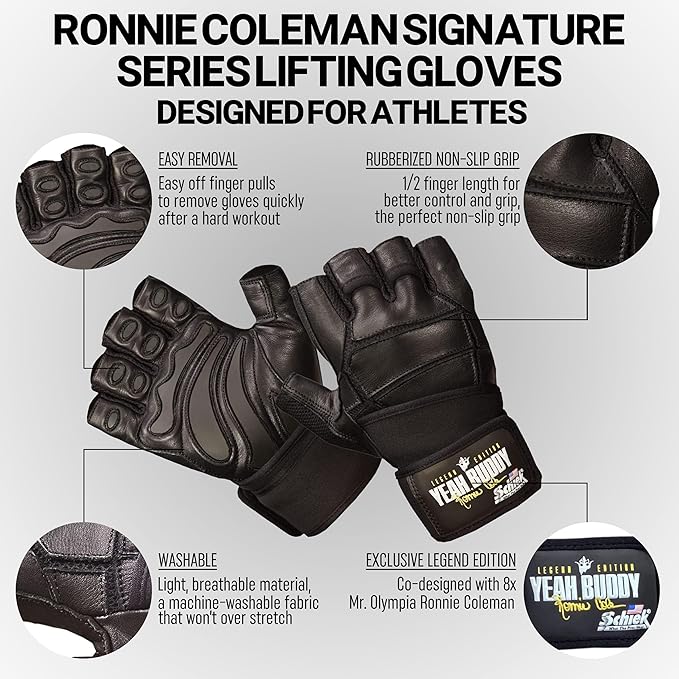 Schiek Ronnie Coleman Signature Series Lifting Gloves - Weight Lifting Grip Gloves, Size : Large