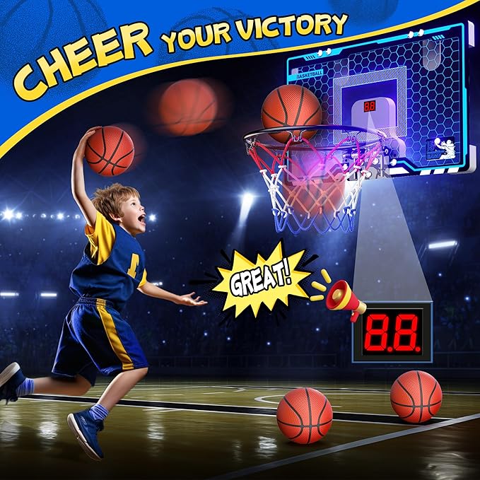 HopeRock Indoor Mini Basketball Hoop for Kids, Basketball Hoops Over The Door with LED Lighting, Mini Hoop with Scoreboard & 3 Balls, Basketball Toys Gifts for 5 6 7 8 9 10 11 12 Year Old Boys Girls
