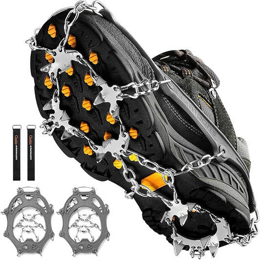 Crampons Ice Cleats Traction Snow Grips for Boots Shoes Women Men Anti Slip 19 Stainless Steel Spikes Safe Protect for Hiking Fishing Walking Climbing Mountaineering