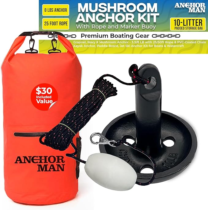 Anchor-Man 8 LB Folding Kayak Complete Grapnel Anchor - 10L Storage Kayak Anchor - Mushroom Anchor, Jet Ski Anchor Kit with 25 Feet Rope | Ideal for Boats, Paddle Board Anchor and Fishing