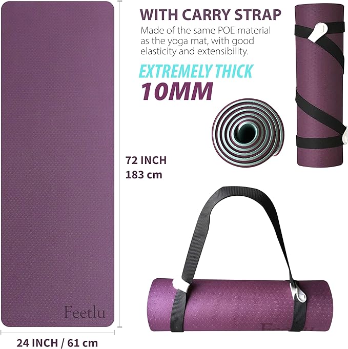 Extra Thick Exercise Yoga Mat with Strap - 2/5 Inch (10MM), Non-Slip Workout Mat for Yoga, Pilates, and Floor Exercises