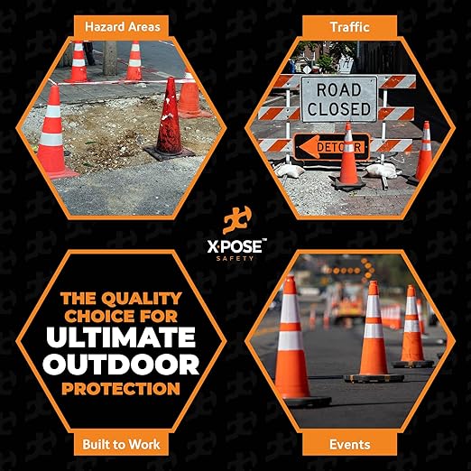 Xpose Safety 36 Inch Orange Traffic Cones Heavy Duty 15lb with 6" & 4" Collars, 8 Pack - Multipurpose PVC Plastic Safety Cone for Parking, Soccer, Caution, Kids and Construction - DOT Approved