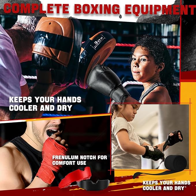 14 Pcs Boxing Set Boxing Equipment Set for Beginners Including 2 Pair of 6 oz Boxing Gloves Headgear Helmet Hand Wraps Mouth Guards Gifts for Kids Beginners Training Equipment