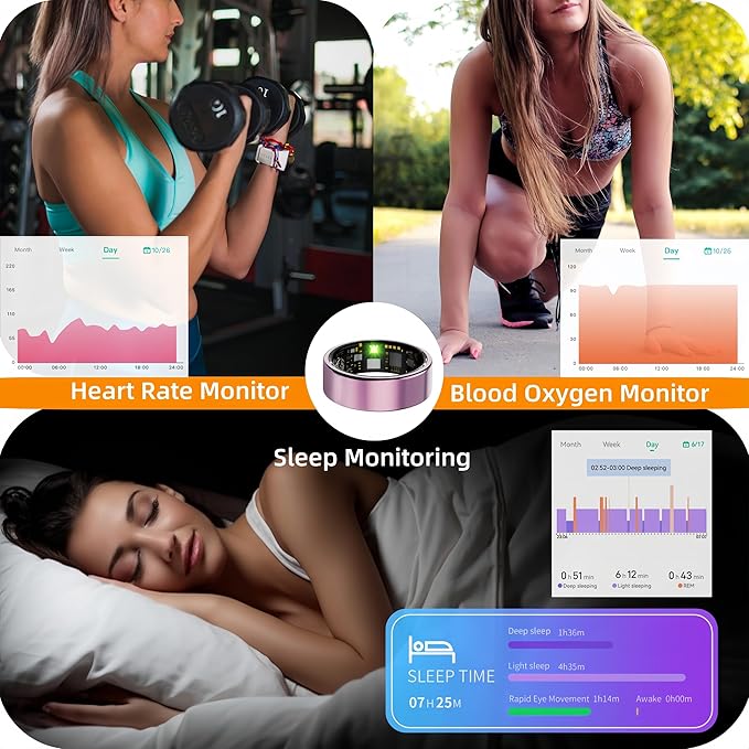 Smart Ring For Women Men, Health Tracker with Heart Rate/Blood Oxygen/Blood Pressure/Sleep Monitoring/Step Counting, IP68 Waterproof Fitness ring, No App Fees for iPhone & Android (Rose Gold, 7#)