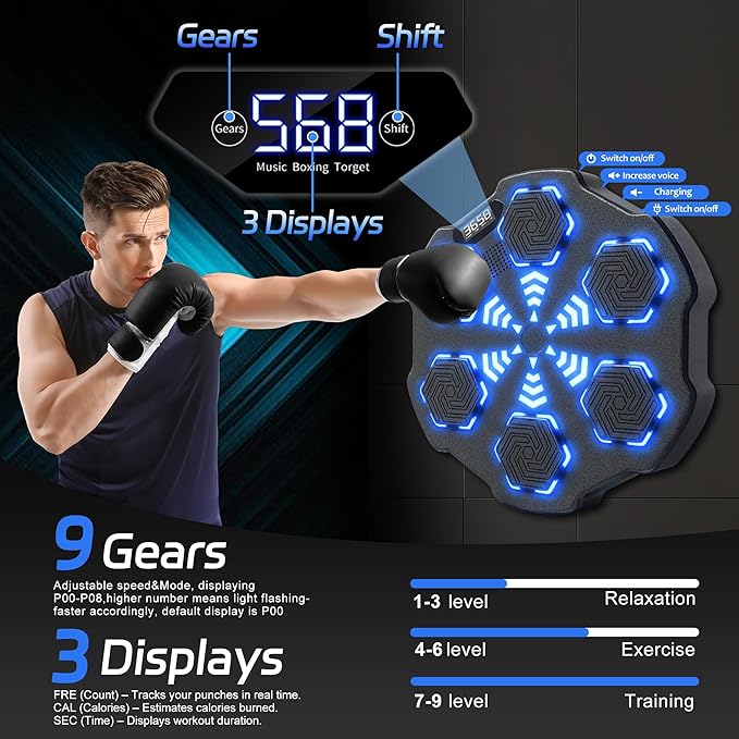 EPHESPORT Music Boxing Machine with Adult & Kids Gloves, Large Size Wall Mounted Electronic Bluetooth Punching Target for Adults | Teens | Kids, 9 Speed ＆ Modes, Fun Chrismas Gifrs for Family