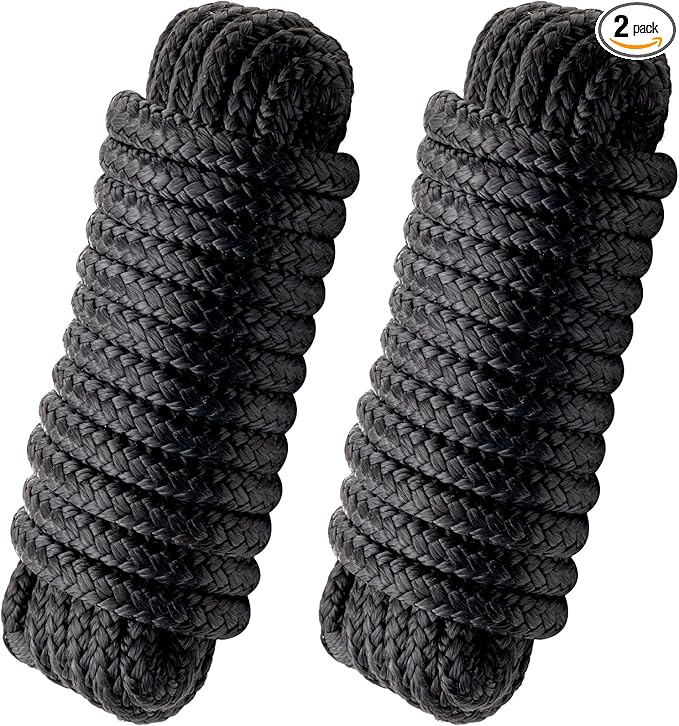 Boat Dock Lines Marine Rope - 3/4" x 25ft with Pre-Spliced 15" Loop Double Braided Nylon Ropes Bumper Tie Mooring Line for Boats Docking Pontoon Boating Accessories - 2 Pack