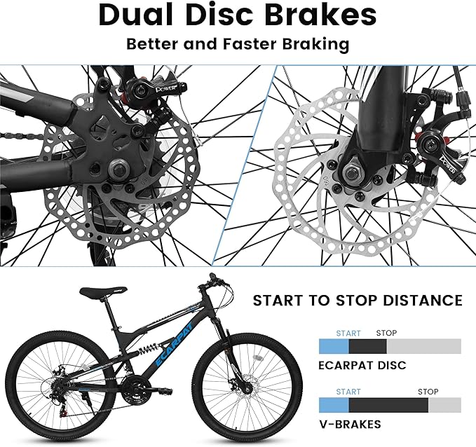 Ecarpat 24/26/27.5 Inch Mountain Bike, Dual/Front Suspension Mens Mountain Bike with 21 Speeds High-Carbon Steel Frame and Disc/V Brakes, Adult Sport Bicycle for Trail Snow Commuter City Road