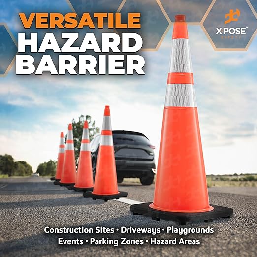 Xpose Safety 36 Inch Orange Traffic Cones with 6" & 4" Collars, 4-Pack - Multipurpose PVC Plastic Safety Cone for Parking, Soccer, Caution, Kids and Construction - DOT Approved