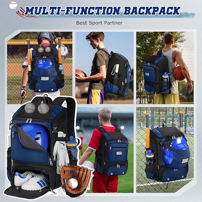 RAINSMORE Baseball Backpack, Lightweight Softball Bag with Shoe Compartment Baseball Bag for Youth & Adult Softball Bat Bag with Fence Hook Helmet Holder Sports Backpack for T-Ball