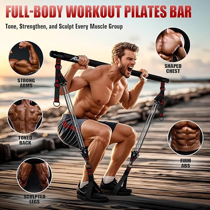 Pilates Bar Kit with Resistance Bands, Heavy Duty Multifunctional Pilates Workout Equipment for Strength Training, HIPS, Back, Arms, Abs, Shoulders, Portable Home Gym & Travel Fitness Gear for Men