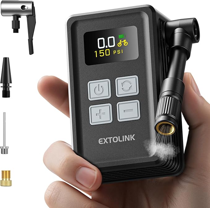 Mini Bike Tire Pump - 20s Fast Inflate Electric Bike Pump with Gauge, Max 150PSI Electric Air Pump with Presta & Schrader Valve for Road Bike, Mountain Bike, Electric Bike