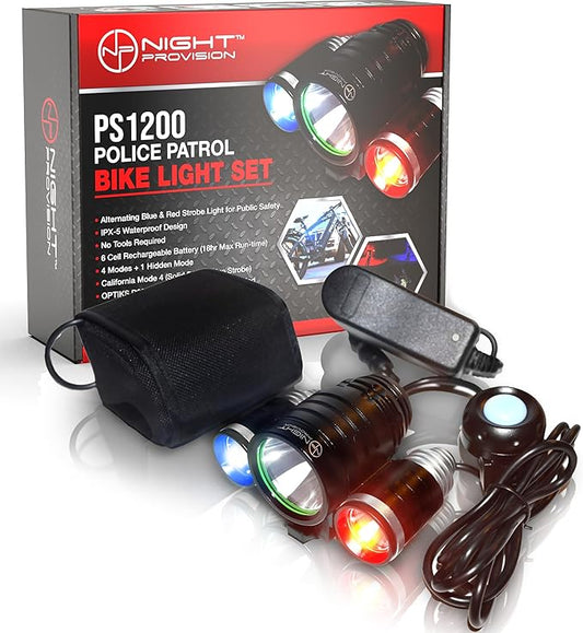 PS1200 Police Patrol Bike Head Light - Red/Blue Strobe LED - Rechargeable 18 hrs Max - Water Resistant - 5 Modes -For Professional Use Only (Front Headlight)