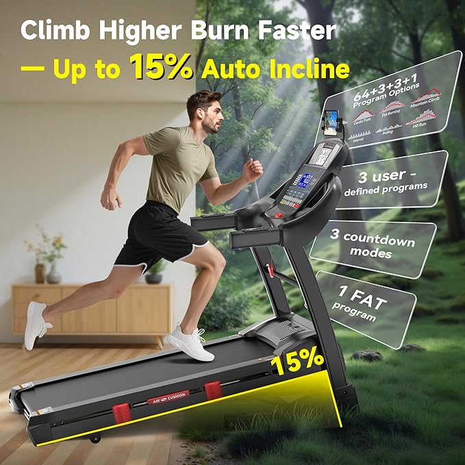 Treadmill with Incline for Home, Folding Treadmill with 400LBS Capacity, 7.5MPH or 10MPH, 16'' or 18'' Wide Belt, 64 Programs, APP Control, Shock Absorption, Home & Office