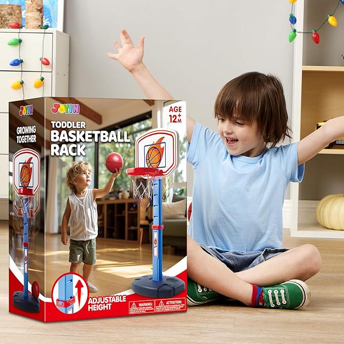 JOYIN Toddler Basketball Hoop Indoor, Adjustable Basketball Goal for Kids with 4 Balls, Game Toys for Playroom Pool Outdoor, Birthday Gift for Baby Boys Girls Age 1 2 3 4 - Air Pump Included