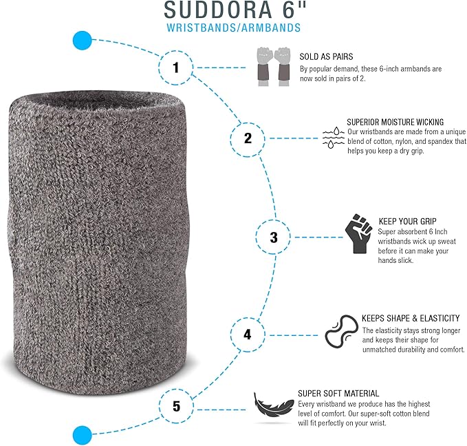 Suddora 6" Doublewide Wrist Bands/Armbands (Pair) - Thick Sweatbands for Basketball, Tennis, Baseball, Gym