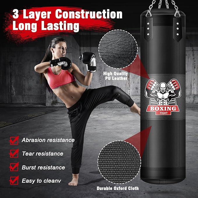 Punching Bag for Adults, 4FT PU Heavy Boxing Bags with Chain Ceiling Hook, Hanging Boxing Bag for Kickboxing Muay Thai Karate Judo Taekwondo Home Gym Training, Unfilled