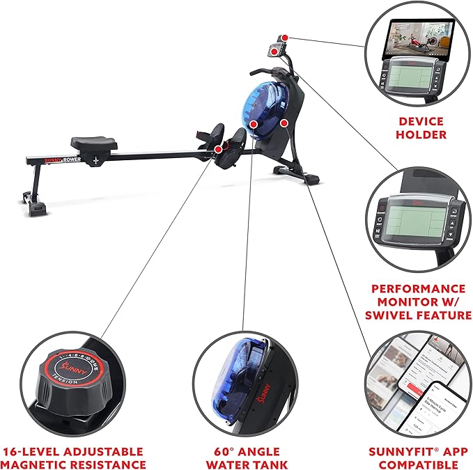Sunny Health & Fitness Elite Water Rowing Machine with High Dynamic Resistance Vertical Tank, Low-Impact Full-Body Workout and Optional Free SunnyFit App Connectivity