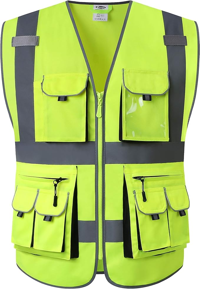 JKSafety 10 Pockets Class 2 High Visibility Zipper Front Safety Vest Yellow with High Reflective Strips Meets ANSI/ISEA Standards (88-Yellow, Medium)
