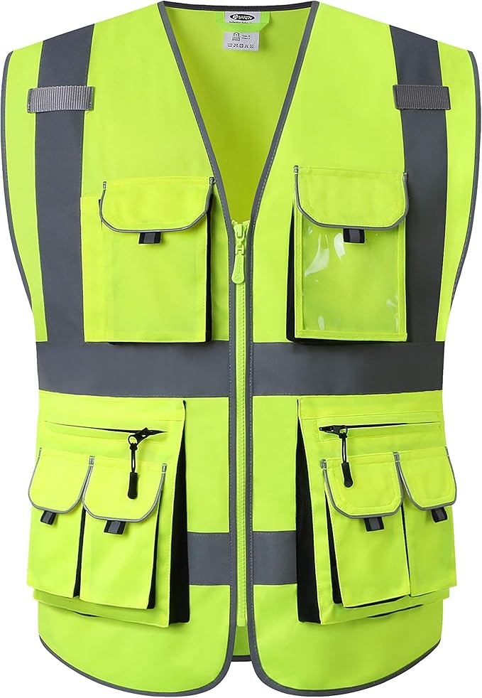 JKSafety 10 Pockets Class 2 High Visibility Zipper Front Yellow Safety Vest with High Reflective Strips Meets ANSI/ISEA Standards (3X-Large, 88-Yellow)