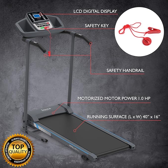 SereneLife Electric Folding Treadmill Exercise Machine - Smart Compact Digital Fitness Treadmill Workout Trainer w/Bluetooth App Sync, Manual Incline Adjustment, for Walking, Running, Gym
