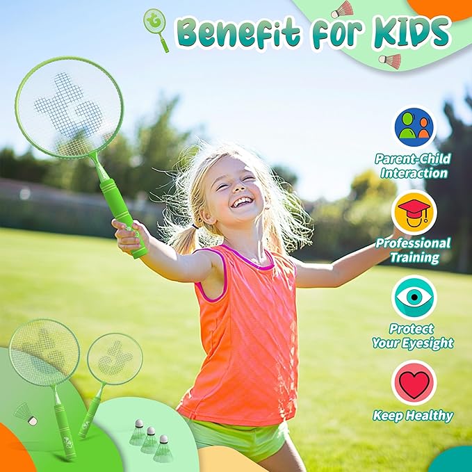 JOY SPOT! Kids Badminton Rackets Set with Soft Grip, Oversize & Lightweight Shuttlecocks Racquet with Carry Bag for Children Youth, 2 Player Sport Game for Indoor Outdoor Backyard