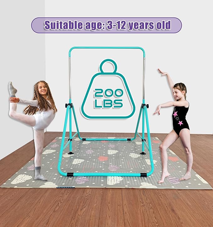 MARFULA Foldable Gymnastic Bar for Kids Ages 3-9, 9 Height Levels, 200 lbs Weight Capacity, 5 Ft Length Gymnastic Kip Bar with Mat, Gymnastic Equipment for Home and Gym Center Indoor Outdoor Use