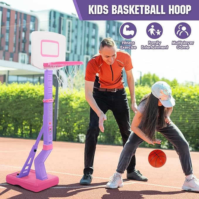 Super Joy Toddler Girl Basketball Hoop - Adjustable Kids Ball Hoop Set for Indoor - Portable Pink Mini Basketball Goal Outdoor Outside Pool Sport Toys Gifts for Baby Boys Age 1-3 2-4 3-5