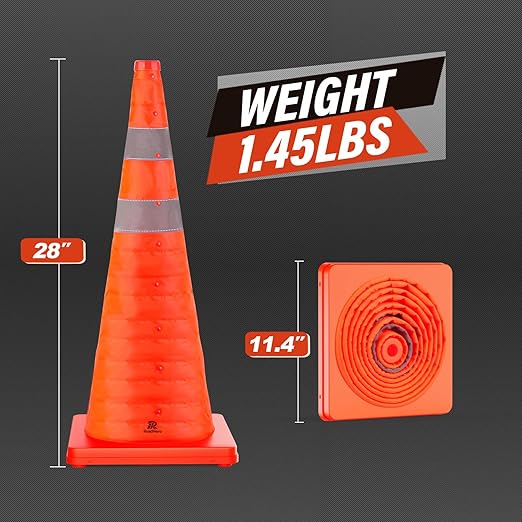 RoadHero 28 Inch 4 Pack Collapsible Traffic Safety Cones, Multi Purpose Pop-up Cones with Reflective Collar for Road Safety, Orange Cones for Driving Training, Parking Lots