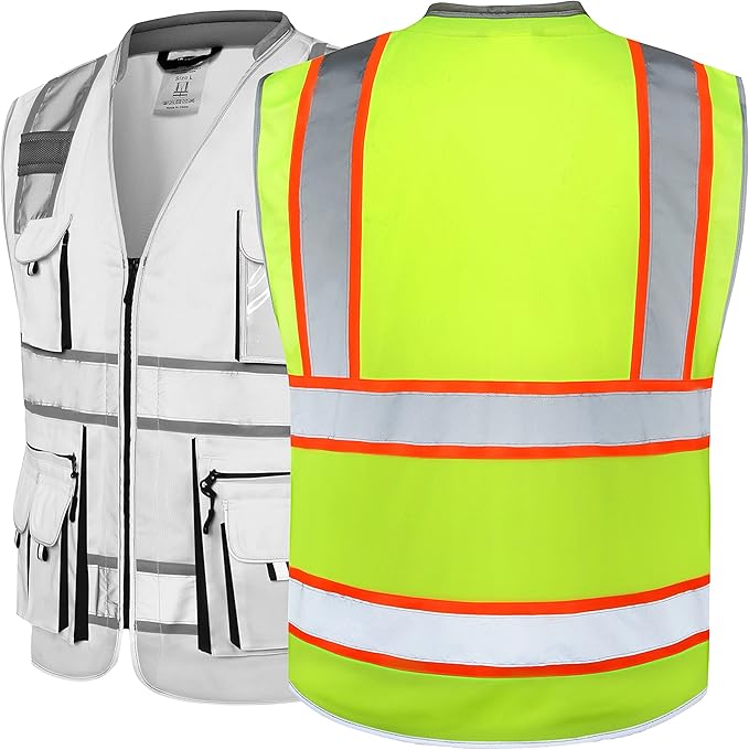 JKSafety 10 Pockets Class 2 Hi-Vis Zipper Front Safety Vest | Cushioned Collar | High Reflective Tapes with Extended Neon Orange Strips | Meets ANSI/ISEA Standards (3X-Large, 89-Yellow)
