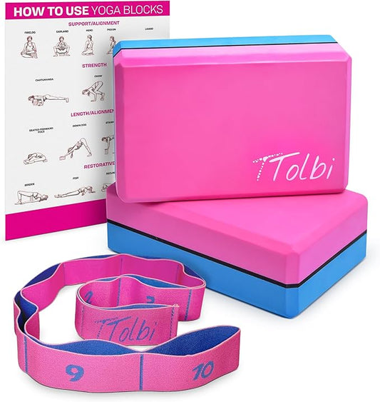 Yoga Blocks 2 Pack Set with Dance Stretch Band & Guide: Non-Slip EVA Foam Block - Ideal Stretching Equipment for Home Workouts, Pilates, Dance, Ballet, Gymnastics, Exercise - Stretch Strap Stuff Props
